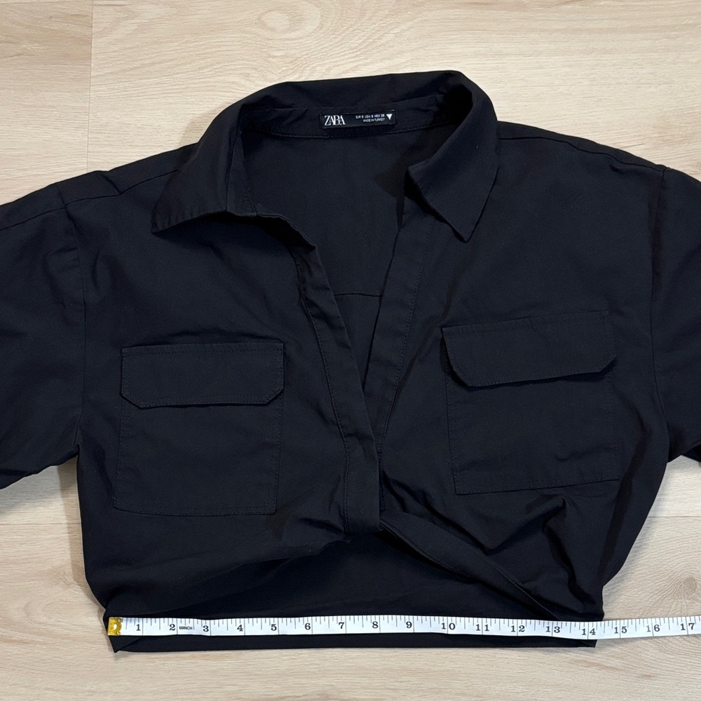 Zara Black Poplin Utility Safari Crop Top W/ Knot short sleeve size S - Picture 7 of 13
